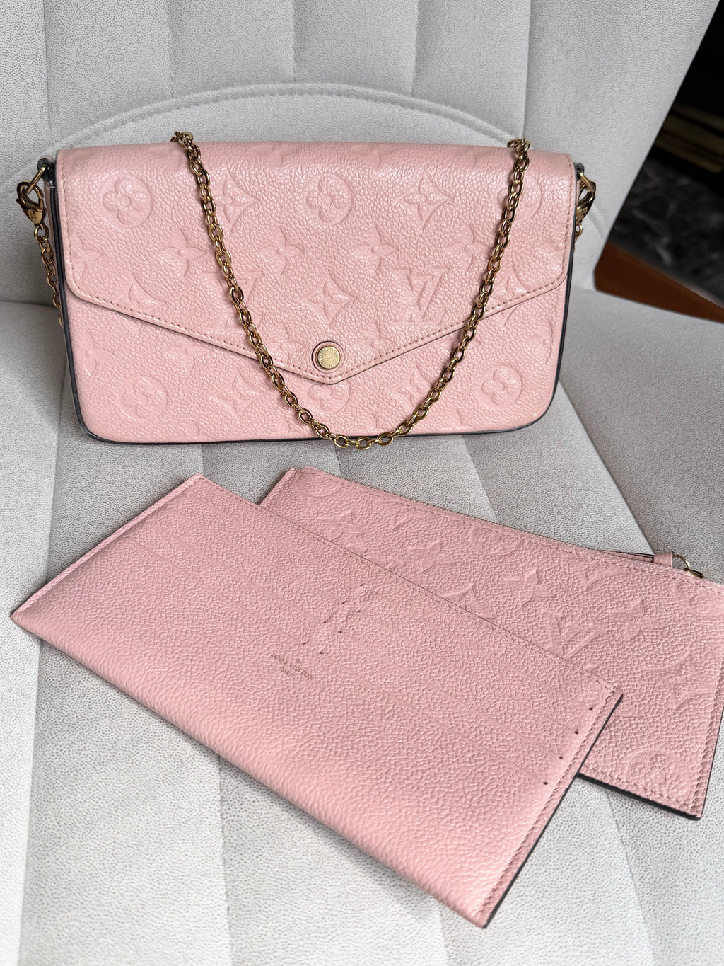 LOUIS VUITTON Pink Monogram Empreinte Leather Félicie Pochette (with inserts)