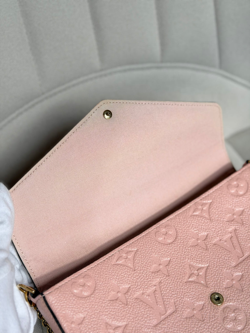 LOUIS VUITTON Pink Monogram Empreinte Leather Félicie Pochette (with inserts)
